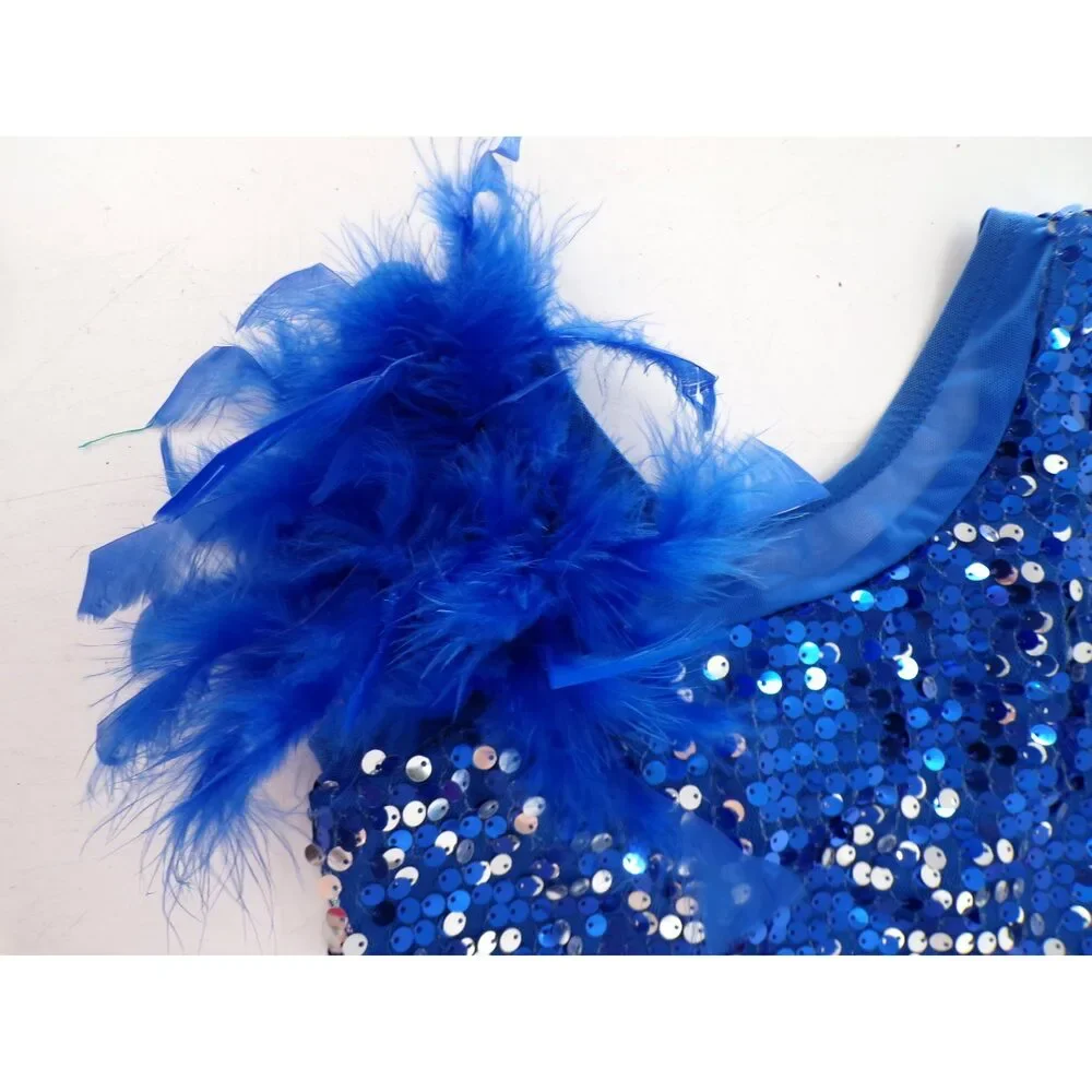 Pre-Owned Dance Costume Wish Come True D8409 Medium Child Blue Jazz Sequins